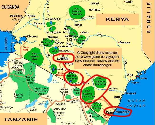 Carte plan - Safari Amboseli Tsavo 7j de Nairobi Diani